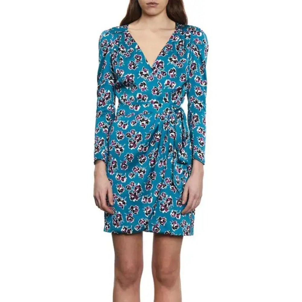 The Kooples Floral Print Wrap Dress Rock Roses Teal Mini Size 4 XL NWT